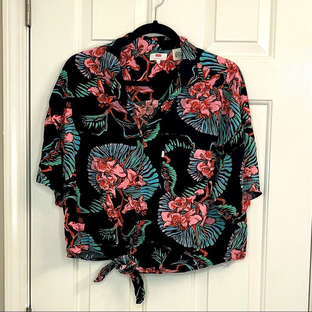 Levi's Black Floral Tie-Front Blouse with Pink & Teal Accents